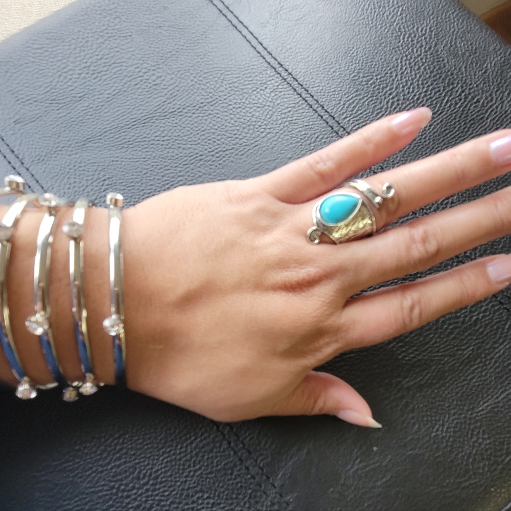 Faux Turqouise Wrap Ring - Silvertone